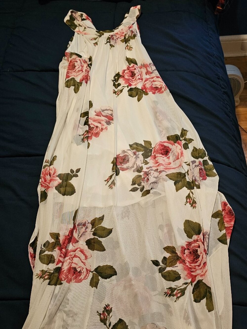 White Dress With Maxi Floral Overlay, Side Split Sz M, Venus